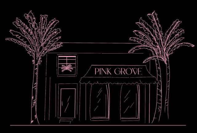 Pink Grove storefront illustrated in pink linework, framed by palm trees
