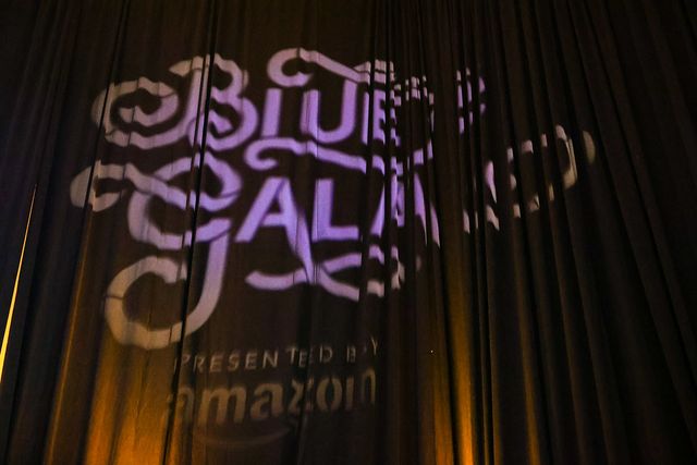 BLUE Missions Gala logo projected on the event stage drapes